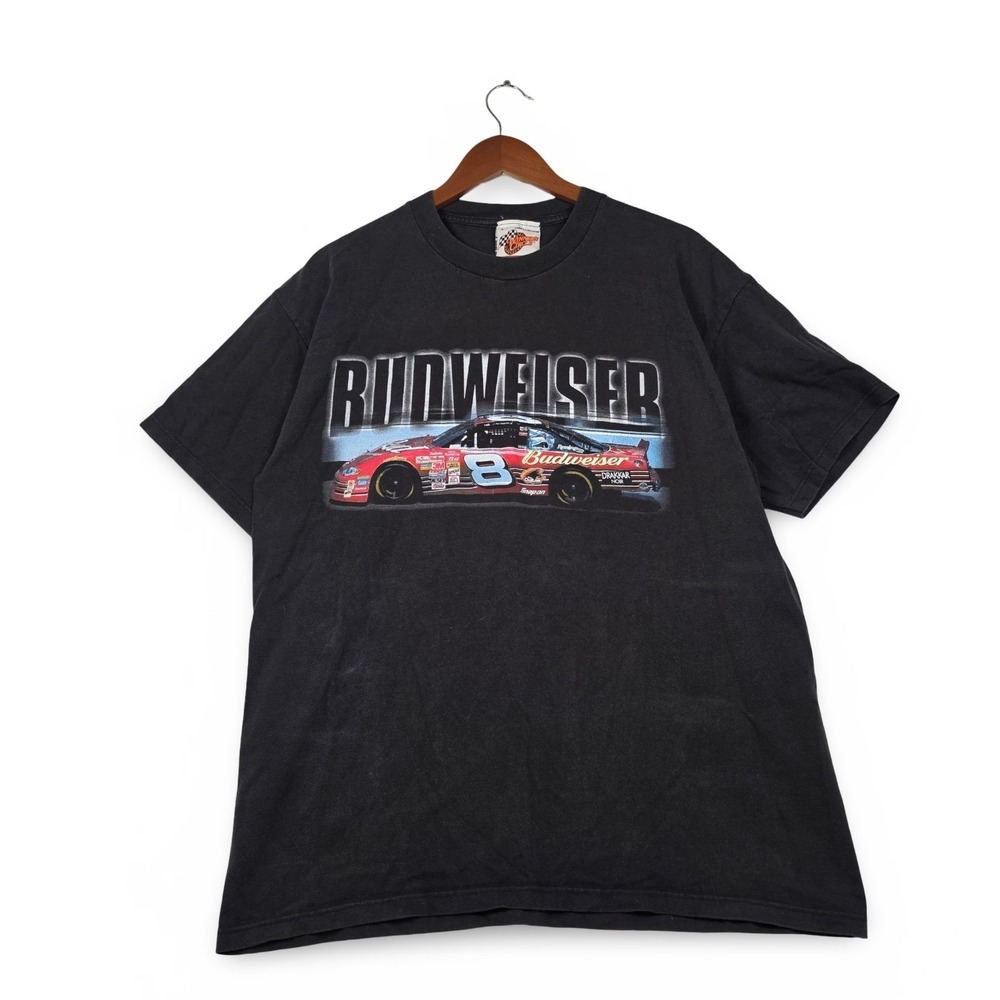 Vintage Dale Earnhardt Jr 8 Budweiser NASCAR T-Shirt Mens Large Black Y2K Racing